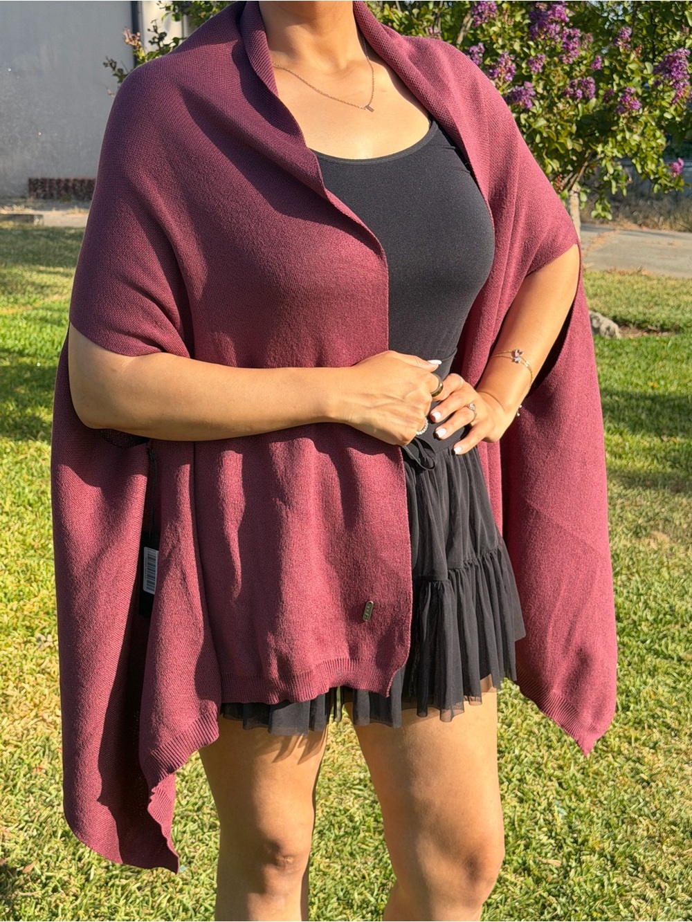 Draped Open-Front Poncho in Plum